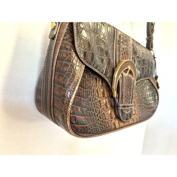 Brahmin Croc-Embossed Leather Large Buckle Flap Shoulder Bag Brown - Picture 5 of 16
